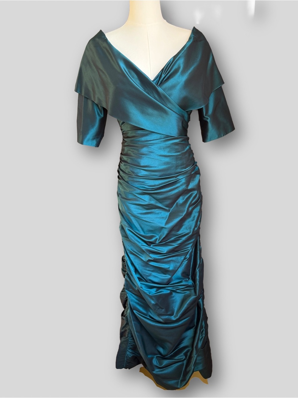 Vintage 80s Rickie Freeman Teri Jon Teal 100% Silk Ruched Evening Gown Size 4
